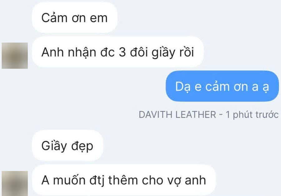 Phản hồi thật của khách DAVITH: Anh nhận đc 3 đôi giầy rồi. Giầy đẹp. A muốn đtj thêm cho vợ anh