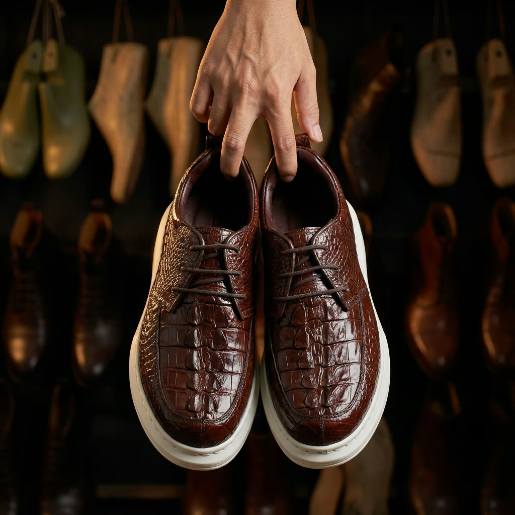 Sneaker da cá sấu nguyên tấm, điểm nhấn da đuôi GTT-D02 khi mang